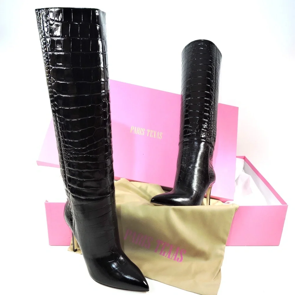 PARIS TEXAS 🇮🇹 WOMEN'S BLACK EMBOSSED CROCO STILETTO FASHION BOOTS - Picture 9 of 9